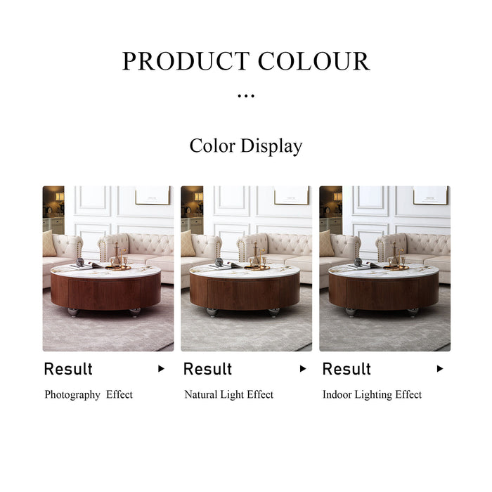 Round Coffee Table With 2 Drawers For Living Room - Walnut Brown / White / Multi