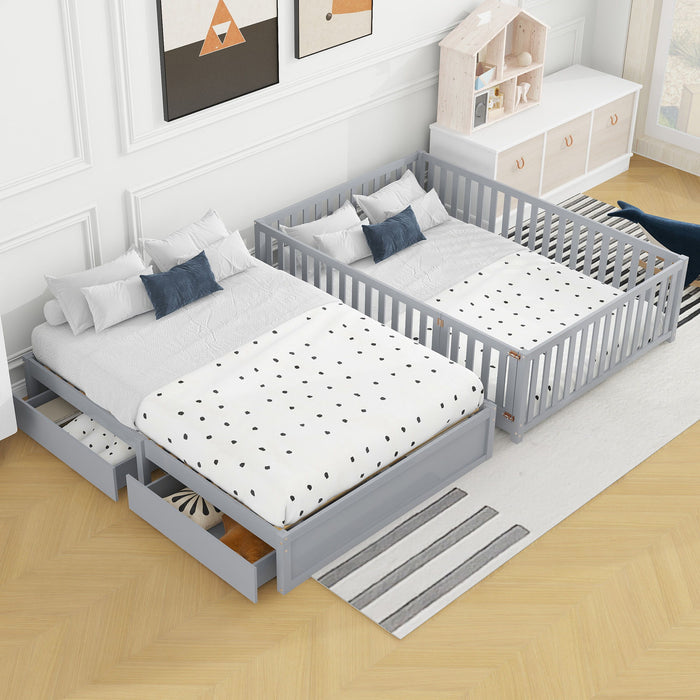 Daybed With Fence Guardrails And 2 Drawers, Split Into Independent Floor Bed & Daybed