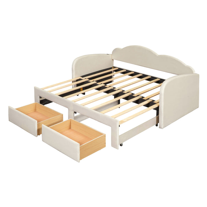 Upholstered Daybed With Cloud-Shaped Backrest, Trundle & 2 Drawers And USB Ports