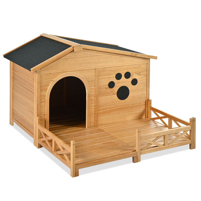 Wooden Dog House Outdoor With Porch, Dog Kennel With Water Resistant Asphalt Roof And Fencing, Indoor & Outdoor Dog Crate With Paw Print, Medium - Nature