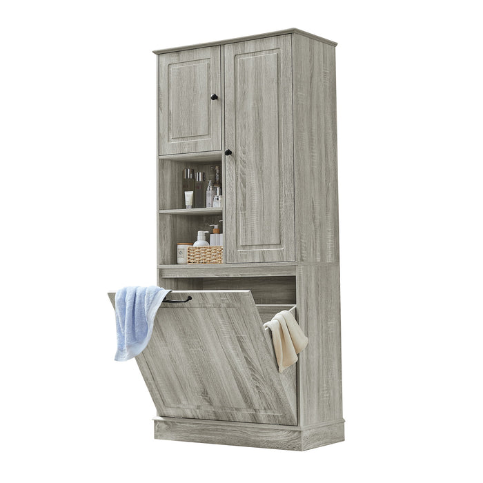 Modern Tall Storage Cabinet With Adjustable Shelves, Flip-Out Basket & Enclosed Doors