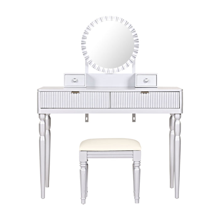Luxury Vanity Desk With Round Mirror Height Adjustable Dressing Table Set Engineered Wood - Silver