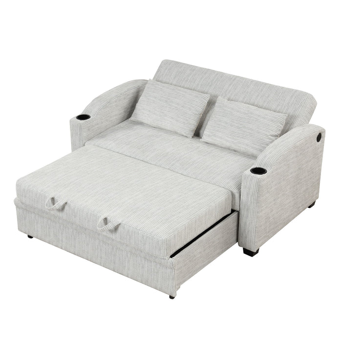 Pull Out Loveseat Sofa With Adjsutable Backrest, 2 Pillows, Cup Holders, USB Ports For Living Room