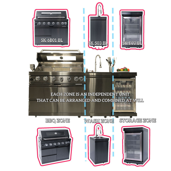 6 Burner 85, 000 Btu Outdoor Kitchen Island Grill With Wine Cooler Refrigerator, Rotisserie Kit, Granite Countertops & Sink - Black