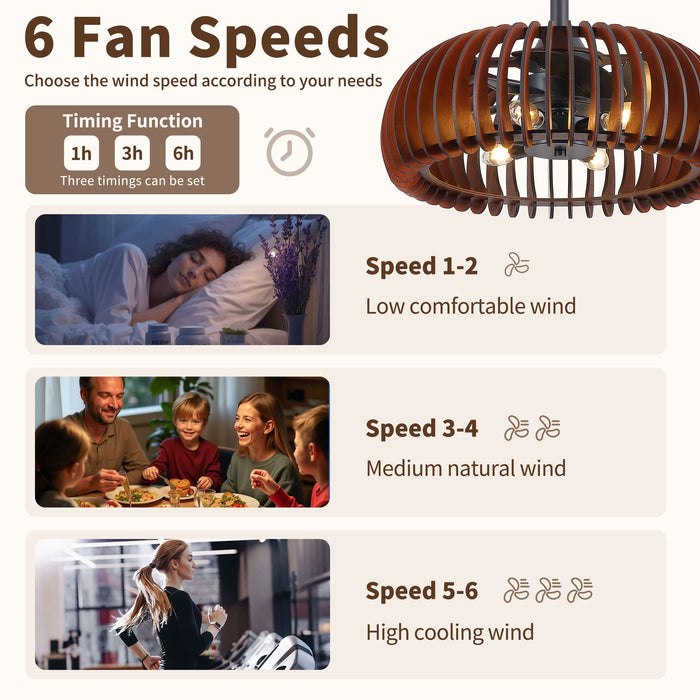 Pumpkin Ceiling Fan, Fandelier With 6 E12 Sockets, Reversible DC Motor, Adjustable Hanging, 6 Speeds Remote Control - Black
