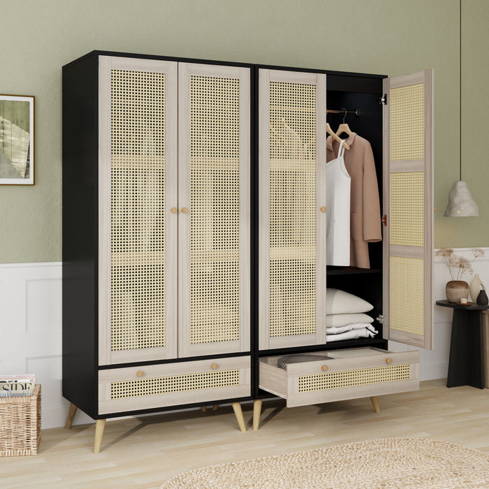 Tall Armoire Wardrobe Closet With 2 Rattan Doors & 1 Drawer, Boho Clothes Storage Cabinet With Hanging Rod For Bedroom - Natural / Black