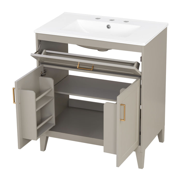 30" Bathroom Vanity With Sink Top, Soft Close Double Doors & Tip Out Drawer, Adjustable Interior Shelf, Door Mounted Organizers - Beige