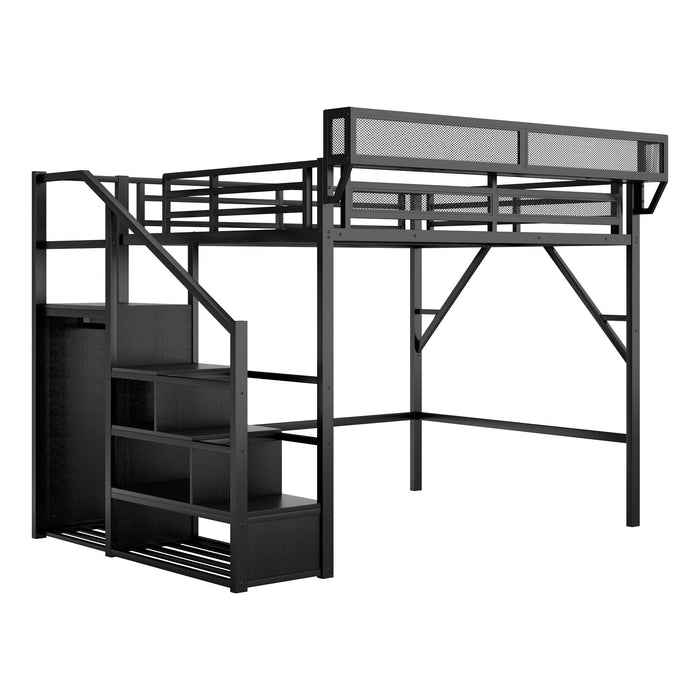 Queen Size Loft Bed With Stairs, Storage Shelves, Wardrobe - Black