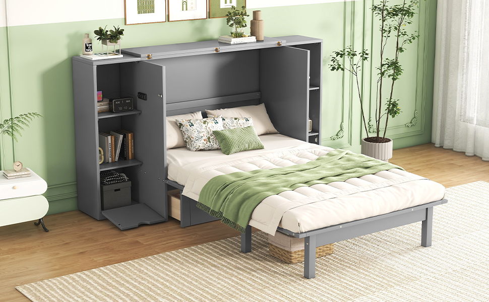 Murphy Bed With Shelves, Drawers And USB Ports