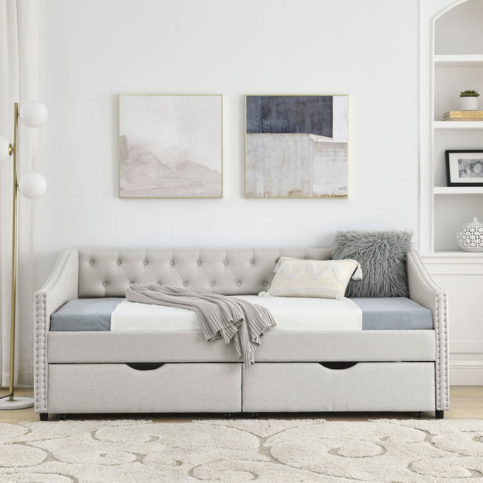 Upholstered Tufted Daybed With 2 Drawers, Waved Arms
