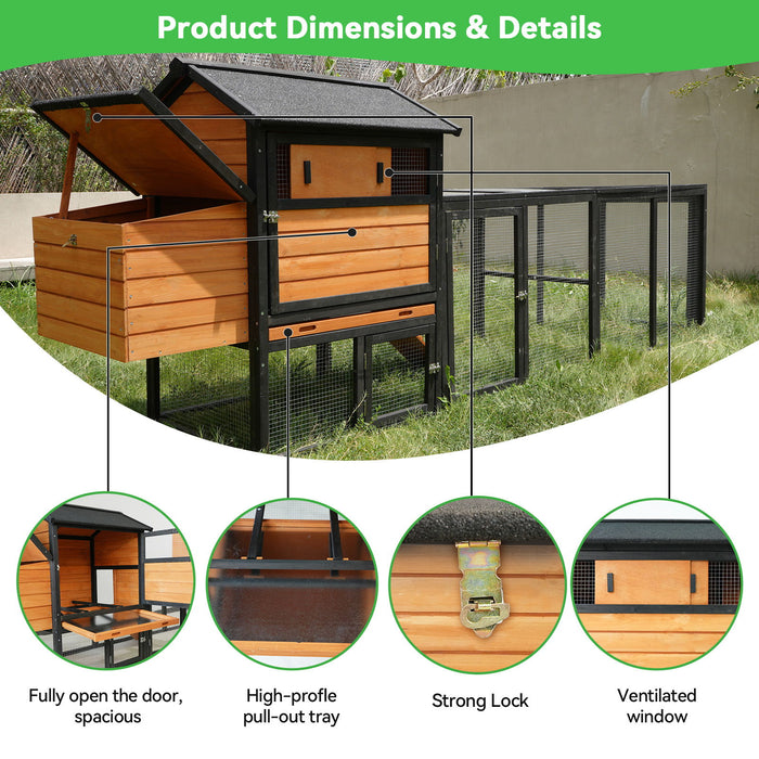 Chicken Coop With Run And Nesting Box, Large Outdoor Hen House For Backyard - Brown / Black