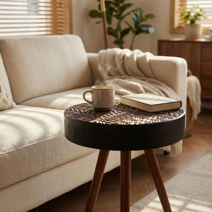Round Coffee Table With Carved Top For Living Room