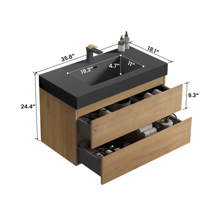 Alice - Natural Oak Bathroom Vanity With Sink, Large Storage Wall Mounted Floating Bathroom Vanity For Modern Bathroom, One-Piece Sink Basin Without Drain