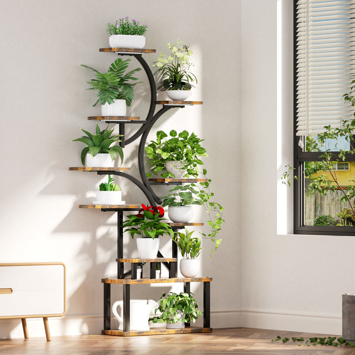 S - Shaped, 10 Tier Plant Stand With 5 Grow Lights - Deep Rustic Brown