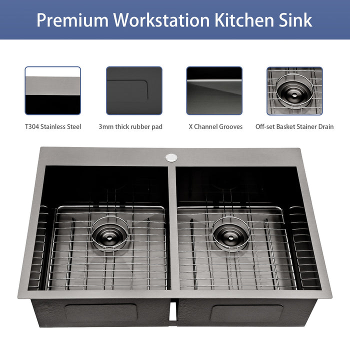 Double Bowl Drop In Kitchen Sink, 16 Gauge Stainless Steel With 2 9" Deep Basins - Gunmetal Black