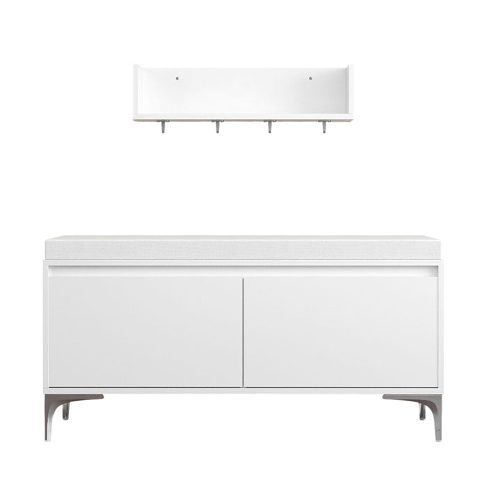 Wall Mounted Entryway Shelf With Hooks And Storage Bench Set - Off White