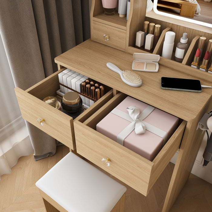 Small Vanity Desk With 3 LED Lighting Modes, 3 Drawers, Hair Dryer Holder, Power Socket, And Dressing Chair - Natural Walnut