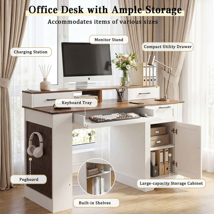 Office Desk With Storage Cabinet, Charging Station, Monitor Stand & Pegboard