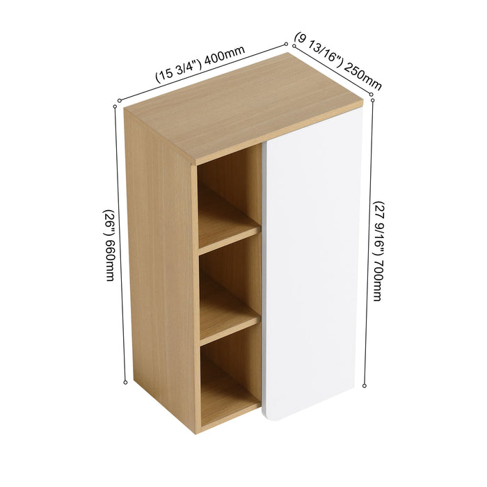 Wall Mounted Bathroom Side Cabinet, Single Door With 3 Tier Open Shelves - Black / Light Oak / White