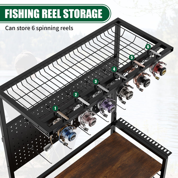 Fishing Rod Storage Rack With Pegboard, Rolling Tackle Organizer Cart - Black