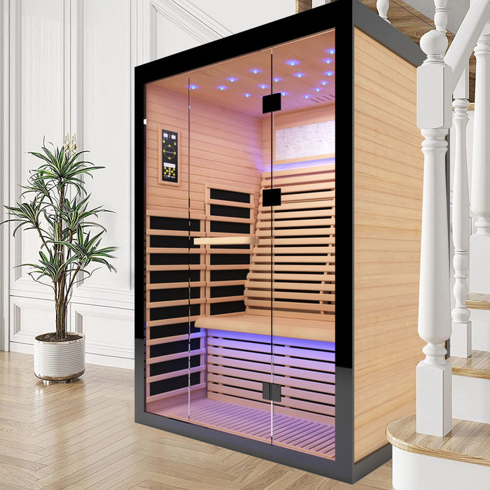 Luxury Double Far Infrared Sauna Room With Epoxy Heating Plates And Starry Sky Lighting - Black / Natural