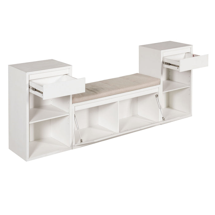 Entryway Storage Bench With Cushion, Drawers & Open Shelves