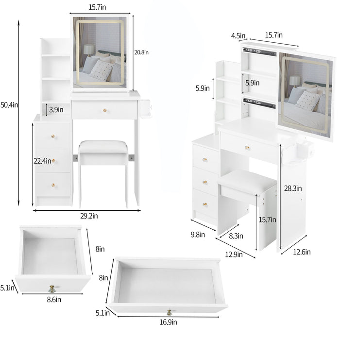 Cabinet Vanity Table & Cushioned Stool, USB Power Station, Hair Dryer Bracket - White