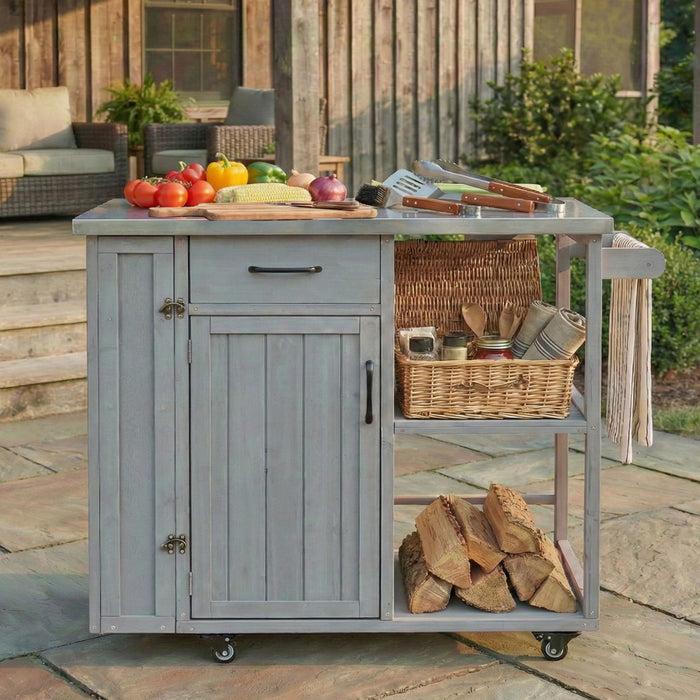 Outdoor Kitchen Island Prep Station With Lockable Wheels, Ample Storage, Towel & Spice Racks