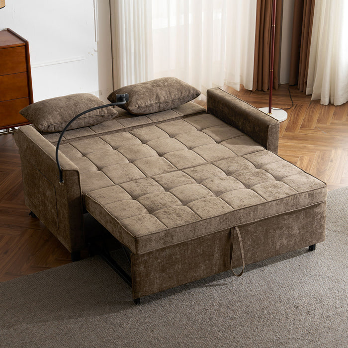 Pull-Out Sleeper Sofa With Reversible Backrest Cushion, Side Pockets, 2 USB Ports And A Phone Holder For Living Room
