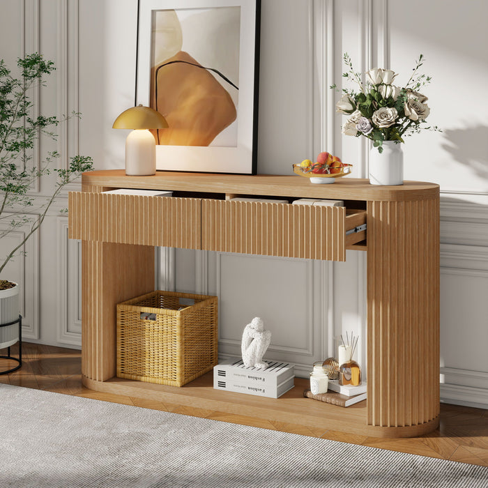 Oval Fluted Console Table With 2 Drawers And Bottom Shelf