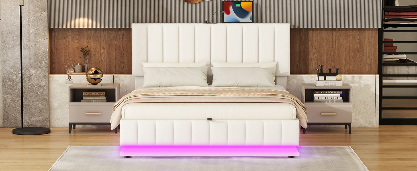 Upholstered Bed With Hydraulic Storage System And LED Light, With Sockets And USB Ports