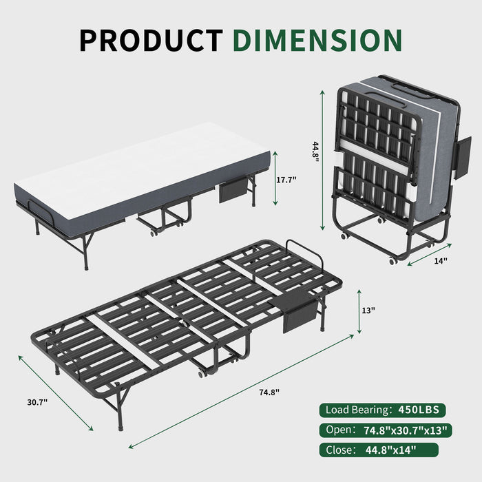 Twin Folding Bed With Memory Foam Mattress, Space Saving Rollaway Guest, On Wheels, Portable For Adults & Guests - Black
