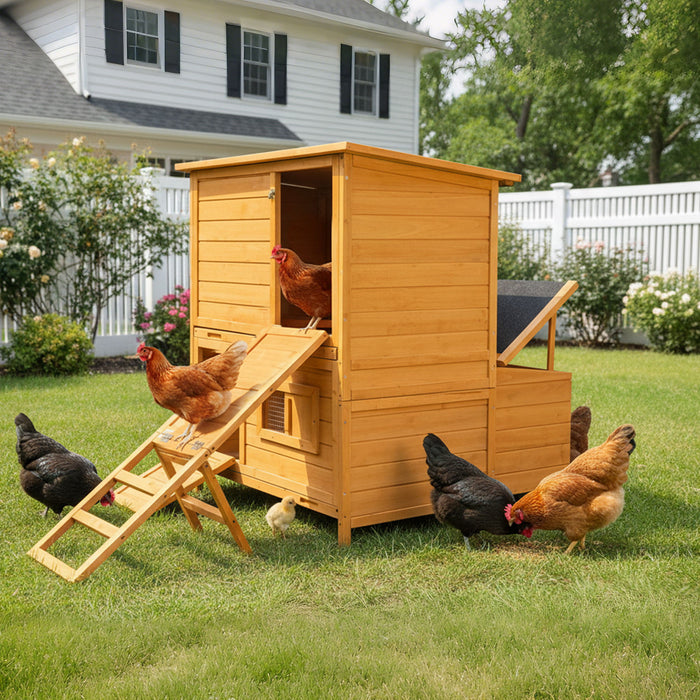 Chicken Coop, Large Chicken Coop With 3 Nesting Boxes, Foldable Ramp And Flip Up Asphalt Roof - Orange