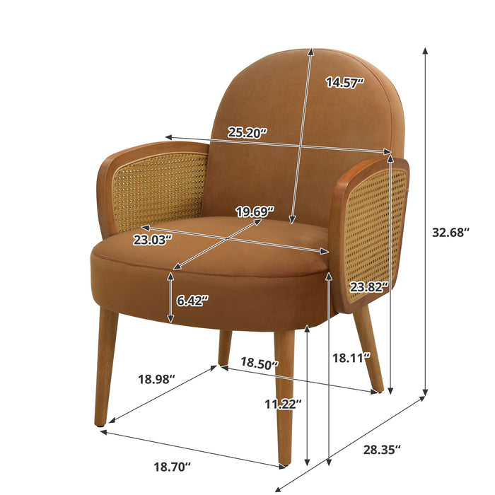 Accent Chair With Rattan Armrests And Wooden Legs Velvet For Living Room