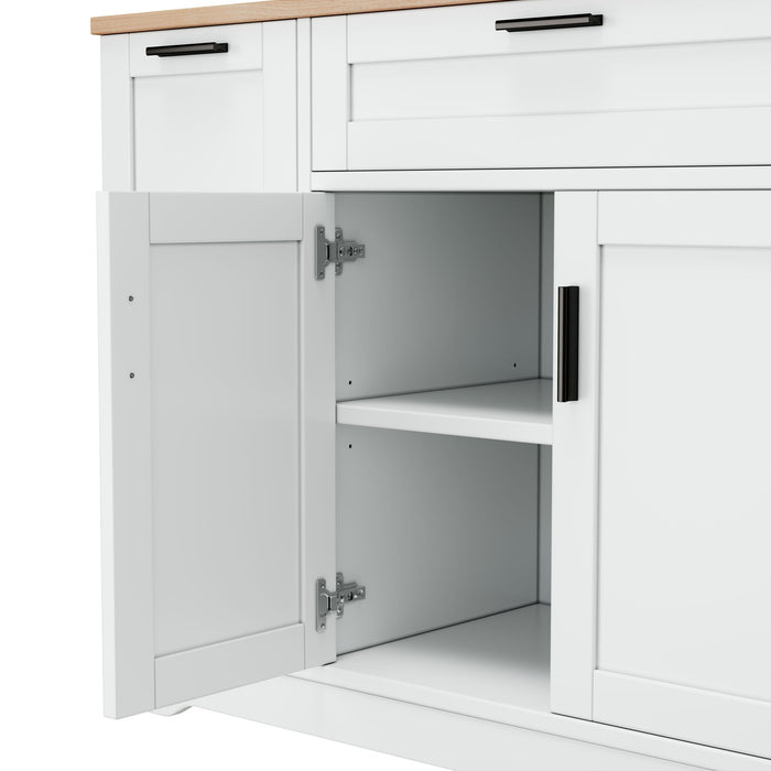 Sideboard With Extendable Table, Adjustable Shelves, 3 Tier Pull Out Rack - White