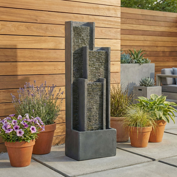 Outdoor Water Fountain With Cascading Waterfall And LED Lighting - Black