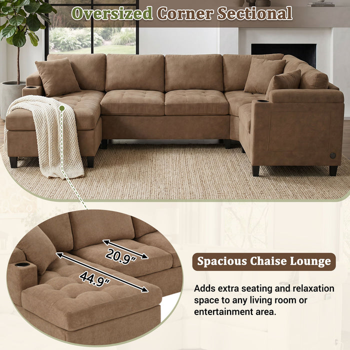 U Shaped Sectional Sofa, Corner Living Room Couch With Built In Cup Holders, Storage, USB Ports