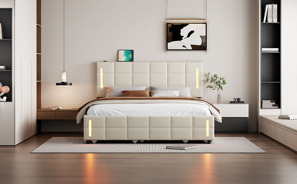 Upholstered Platform Bed With Trundle & Drawers