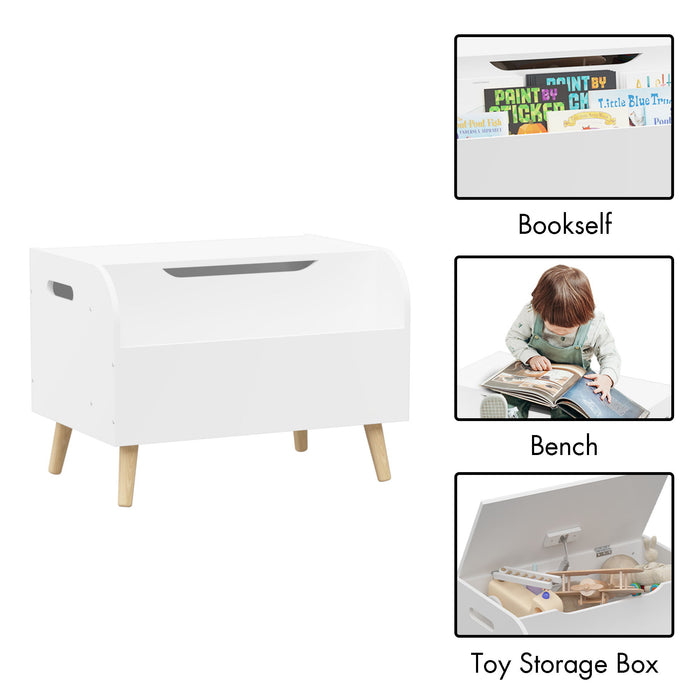 Toy Box With Front Bookshelf, Flip Top Lid, Safety Hinge For Kids Room Organization - White
