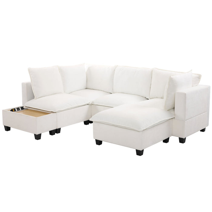 U-Shaped Sectional Modular Sofa With A Movable Ottoman, A Coffee Table With Hidden Charging Devices For Living Room