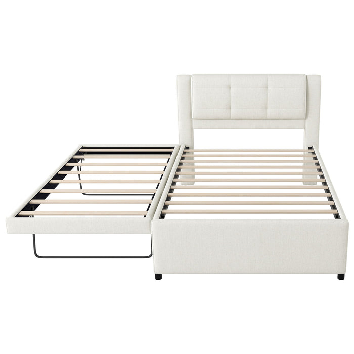 Full Size Upholstered Platform Bed With Adjustable Trundle - Beige