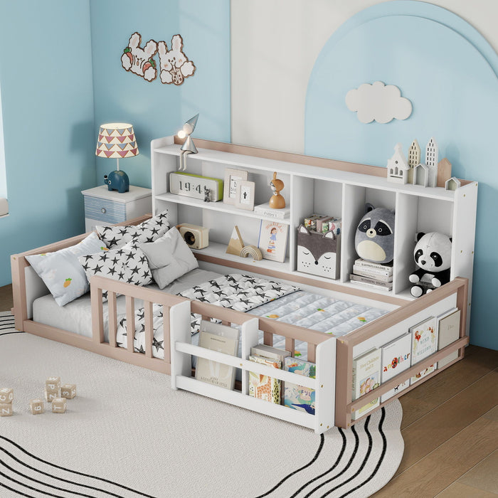 Platform Bed Frame With Guardrail, Storage Shelves & Bookshelf