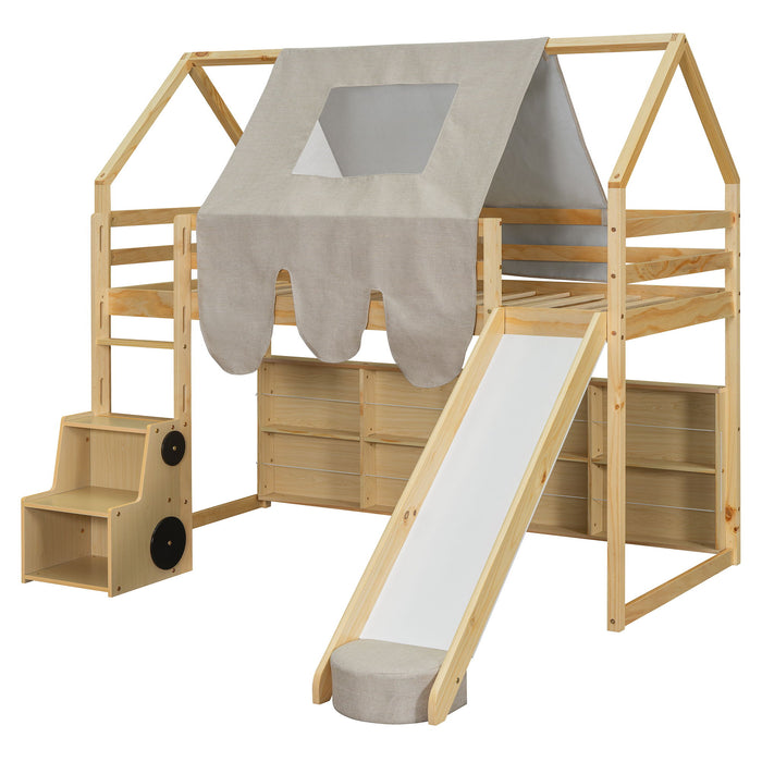 Loft Bed With House Shaped Frame And Tent