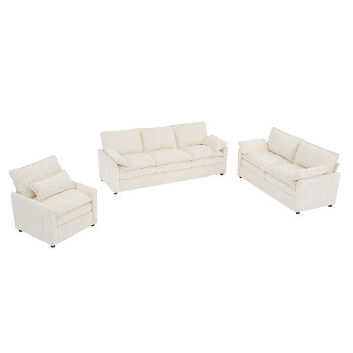 Modern Sofa Set With Double Layer Cushion And Side Storage Pockets