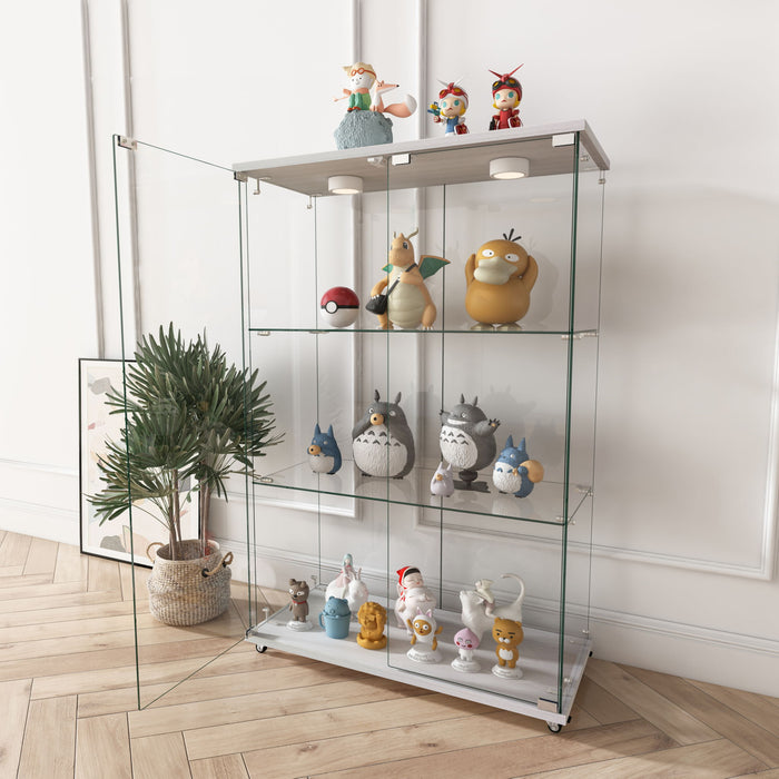 Modern Display Cabinet With LED Lights, Transparent Tempered Glass 2 Door Storage Case With 3 Shelves