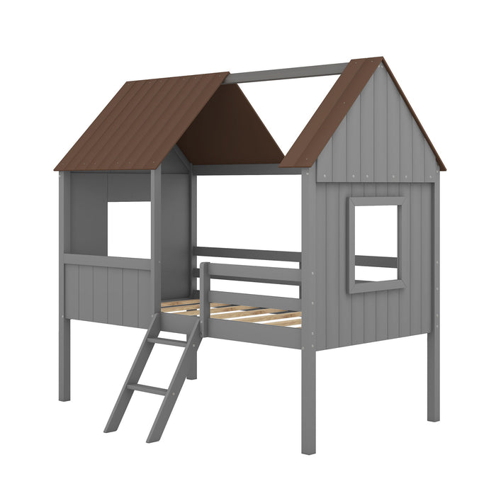 Twin Size Low Loft House Bed With Two Side Windows - Gray / Brown
