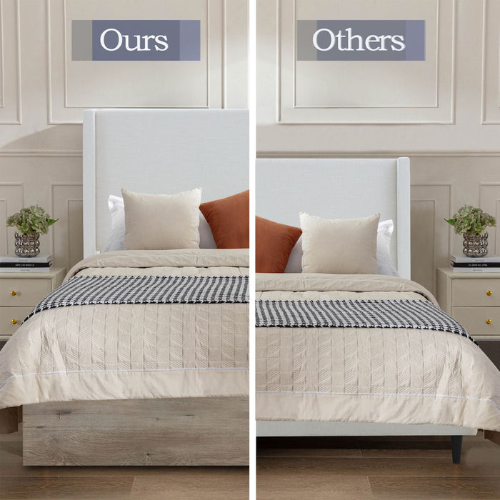 Shelton - Queen Upholstered Wingback Bed With 54" High Headboard - Ivory / Light Gray / Camel Oak