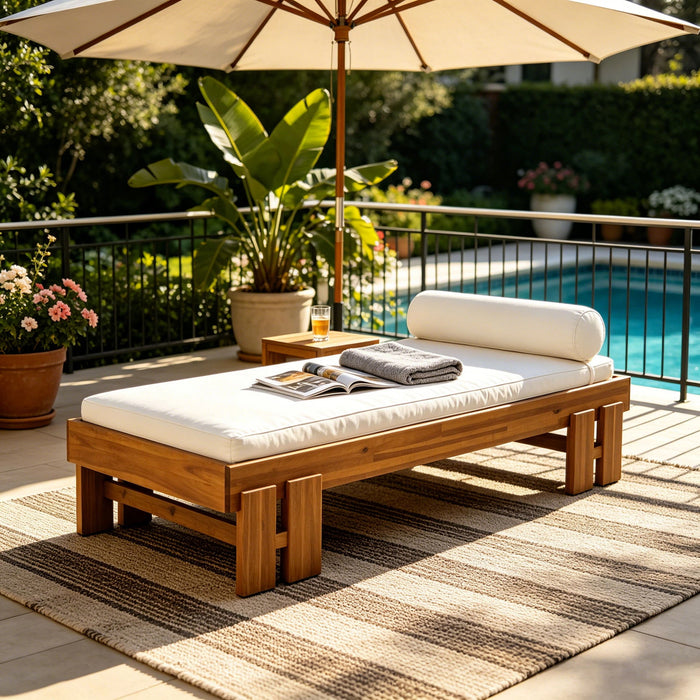 Daybed With Cushion & Pillow, Low Profile Design For Indoor / Outdoor Use - Cream / Teak