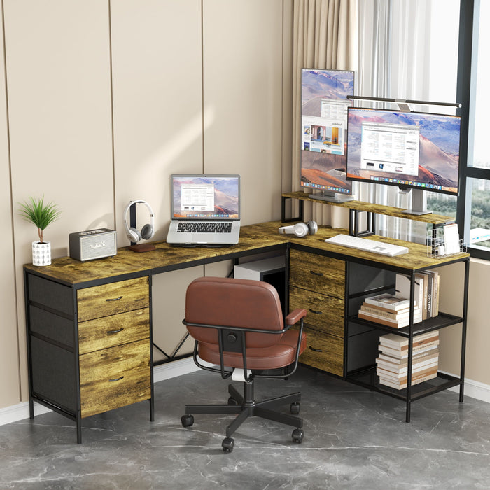 Industrial L Shaped Desk With Power Hub With 6 Drawers And Adjustable Monitor Stands - Brown