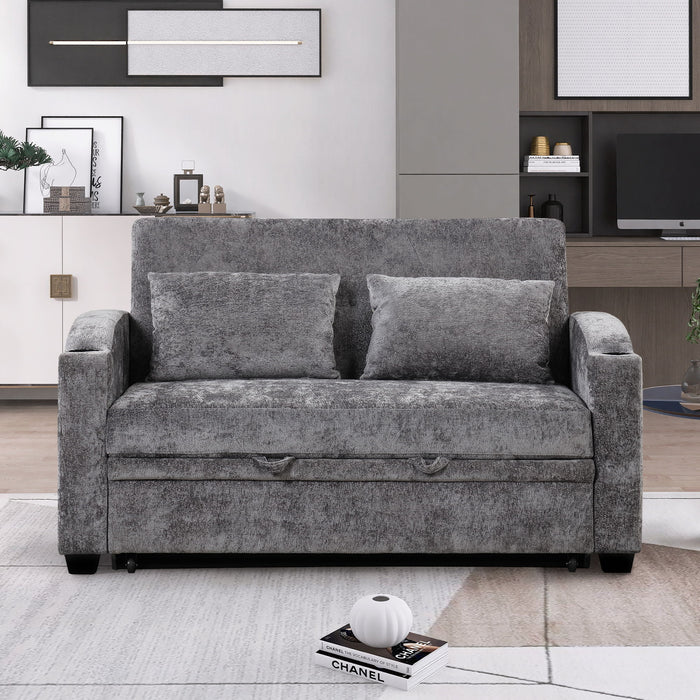 Pull Out Loveseat Sofa With Adjsutable Backrest, 2 Pillows, Cup Holders, USB Ports For Living Room